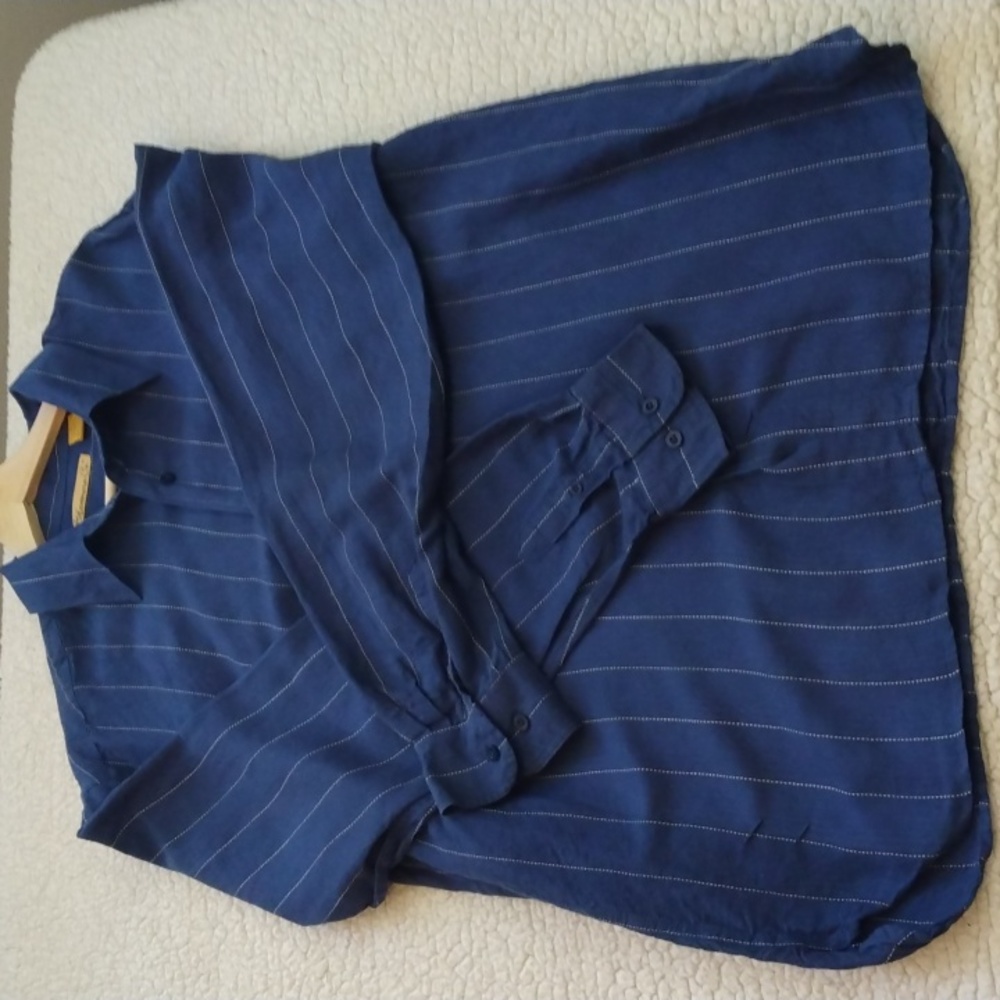 The Havanera Co. Blue/White Stripe Linen/Rayon Summer Shirt (Large)